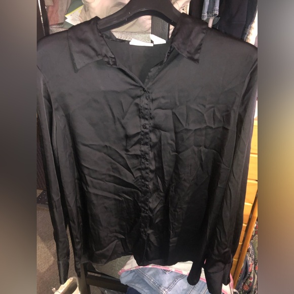Black Satin- like Button Down - Picture 1 of 5